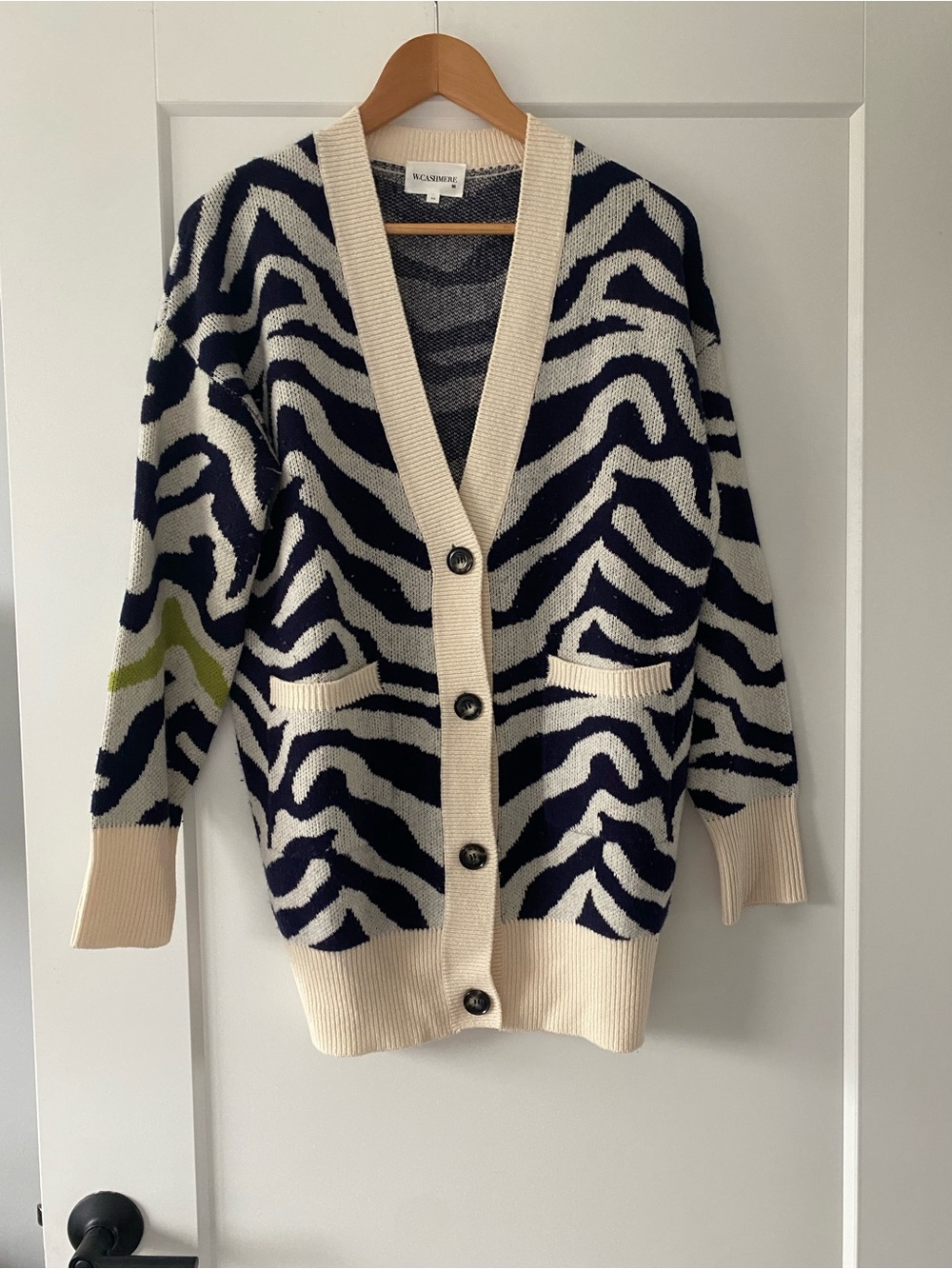 Navy and Cream Zebra-Print Button Cardigan with Lime Accent